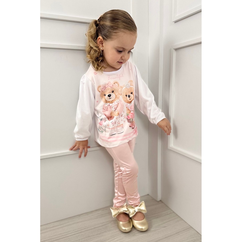 Conjunto Infantil Ursinhas Blusa Branca Manga Longa com Calça Cirre Rosa Cintilante em Oferta na Shopee