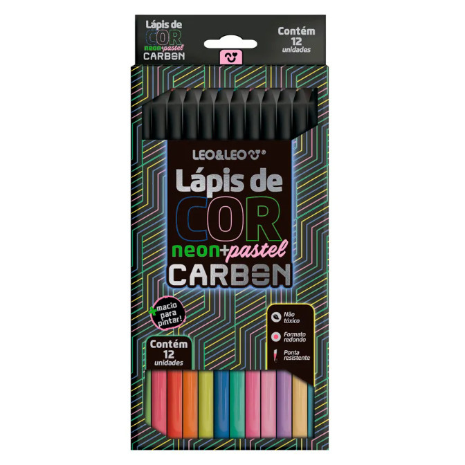 Lápis de Cor Carbon 12 cores Neon + Pastel Redondo LEO&LEO