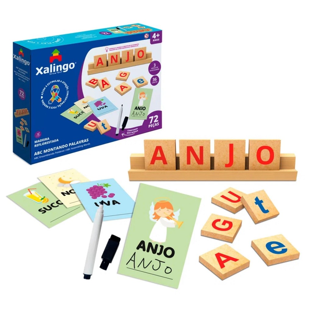 Jogo ABC Montando Palavras II 72 Peças para Crianças a Partir de 4 Anos Xalingo - 17643 em Oferta na Shopee