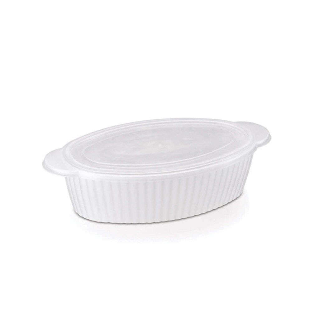 TRAVESSA OVAL CANELADA COM TAMPA 650 ML em Oferta na Shopee
