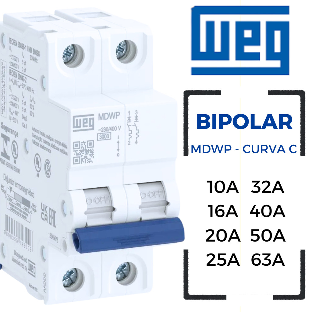 Disjuntor Bipolar 2 Polos 10A 16A 20A 25A 32A 40A 50A 63A WEG em Oferta na Shopee