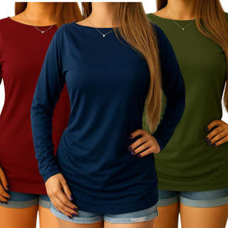 Kit 3 Blusa Blusinha Feminina Manga Longa Long Vest Legging Viscolycra Longa Tapa Bumbum Soltinha Várias Cores em Oferta na Shopee