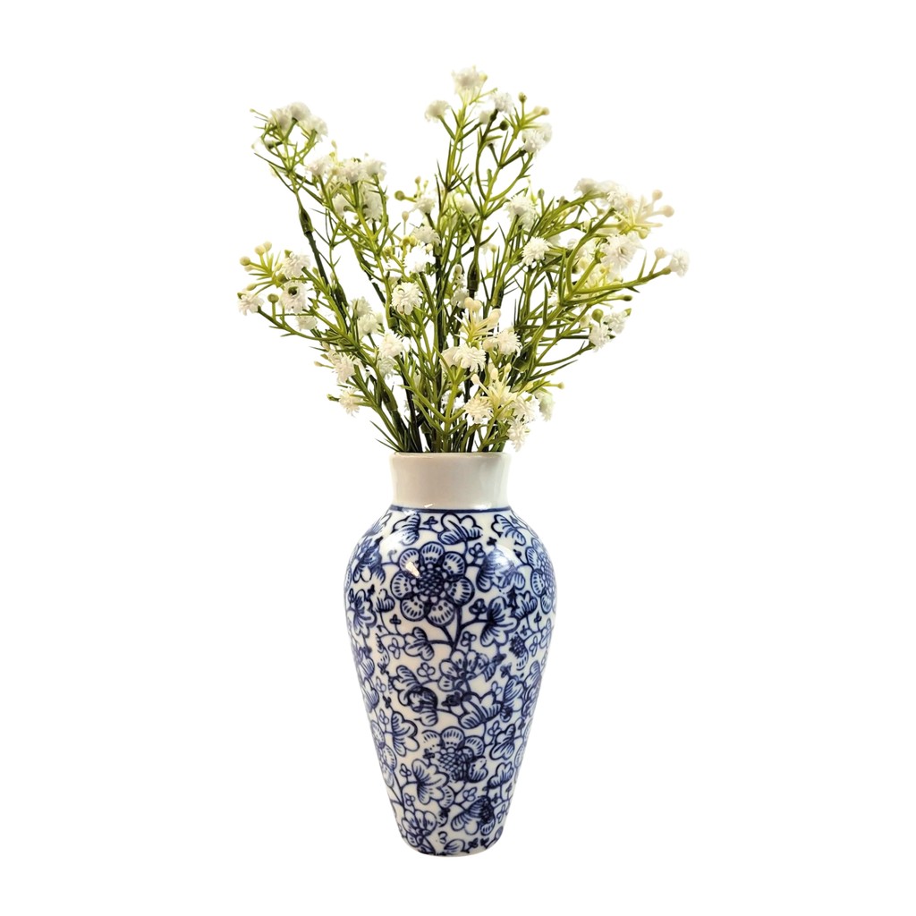 Mini Vaso Azul E Branco 29x15cm Floral Porcelana Mosquitinho