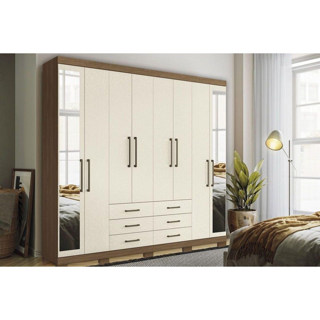 Guarda Roupa Casal 8 Portas (2 c/ Espelho) e 6 Gavetas c/ Pés Master 8.6 Jatobá/Areia - Santos Andirá em Oferta na Shopee