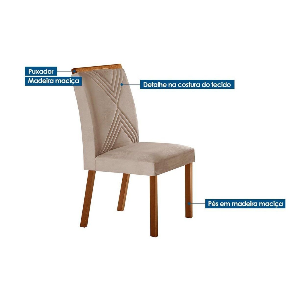 Conjunto: Mesa Sala Jantar Jade Tampo Madeirado c/ Vidro Curvo 180x90 e 6 Cadeiras Amsterdã Imbuia/Suede Creme - Rufato