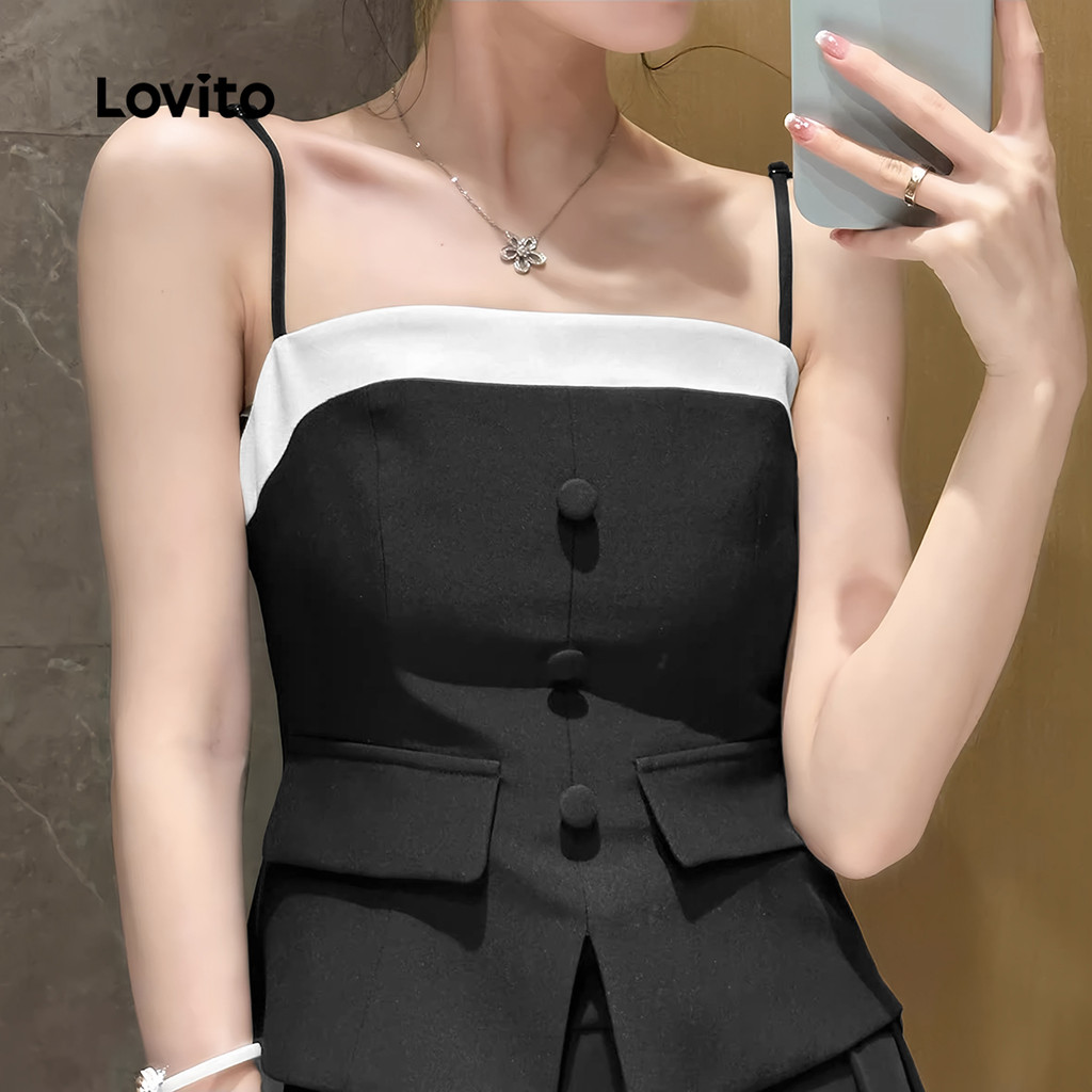 (Trendy) Lovito Regata Elegante Patchwork Colorblock Com Botão Para Mulheres L132ED241 - Women Clothes