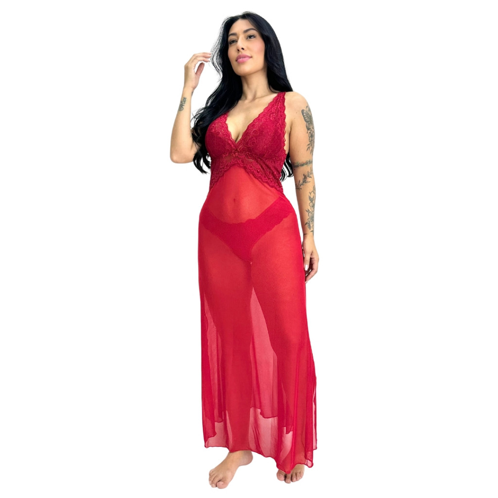 Camisola Tule Transparente sem Bojo Sensual Longa Renda Costas Cruzadas Lingerie Sexy