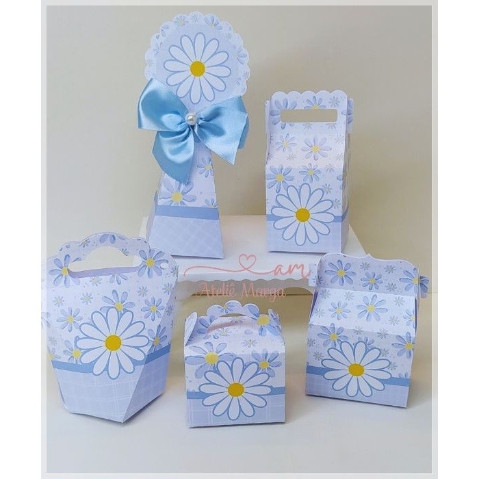 KIT FESTA MARGARIDAS AZUL - PEGUE MONTE - LEMBRANCINHAS INFANTIL - CAIXINHAS PERSONALIZADAS