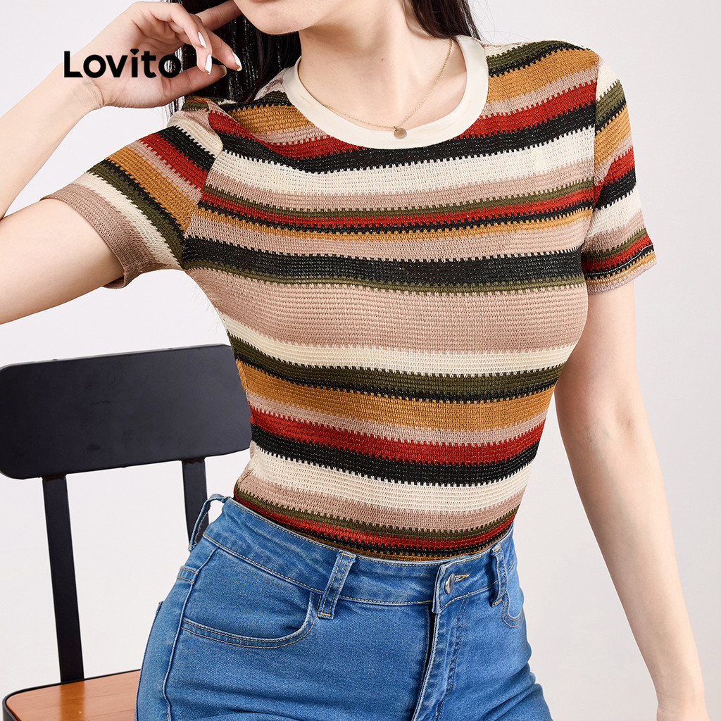 Lovito Camisa Elegante Listrada Com Cores Contrastantes - Verão/primavera Para Mulheres L129ED616 em Oferta na Shopee