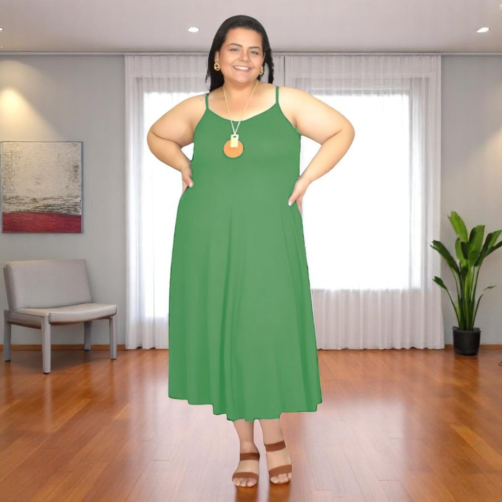 Vestido Verde Midi Plus Size Fresquinho Com Bolsos Soltinho Tecido Confortável