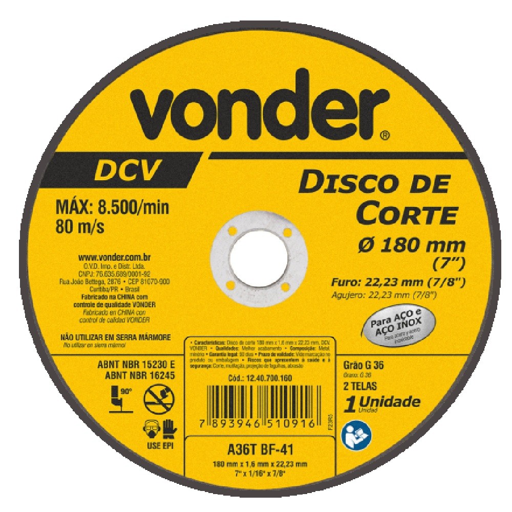 10 Discos De Corte 180mm X 1,6mm X 22,23mm DCV Vonder — imagem 2 de 2
