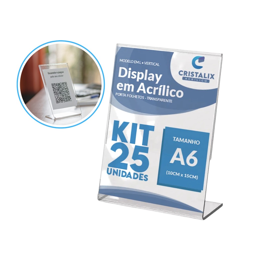 Kit 25 Display Expositor A6 Placa Pix Mesa Balcão QR Code 10x15cm