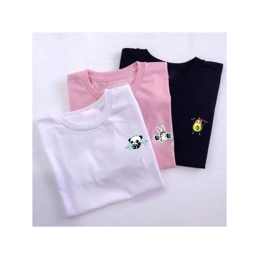 kit 3 Camisetas Academia Treino Minimalista Tshirt Feminina Algodão 100% Moda Fitnes Panda Coelho Abacate