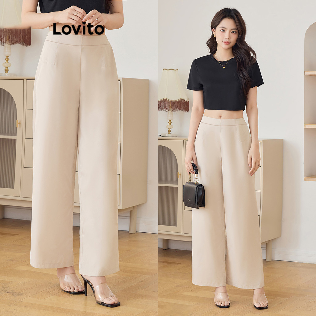 Lovito Calças casuais lisas com zíper para mulheres L108ED594 - Women Clothes