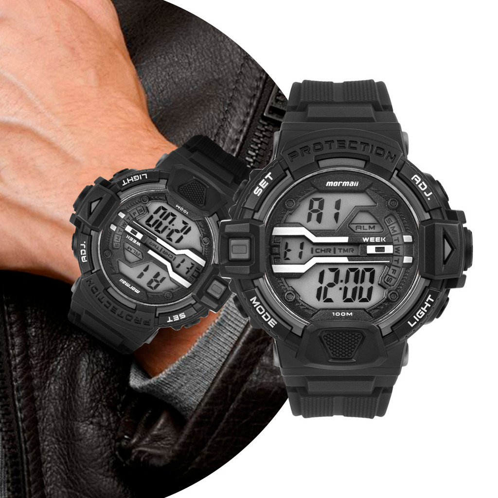 Relógio Masculino Preto Digital com Pulseira de Silicone à Prova D' Água Esportivo Shock Tático Militar Mormaii Original