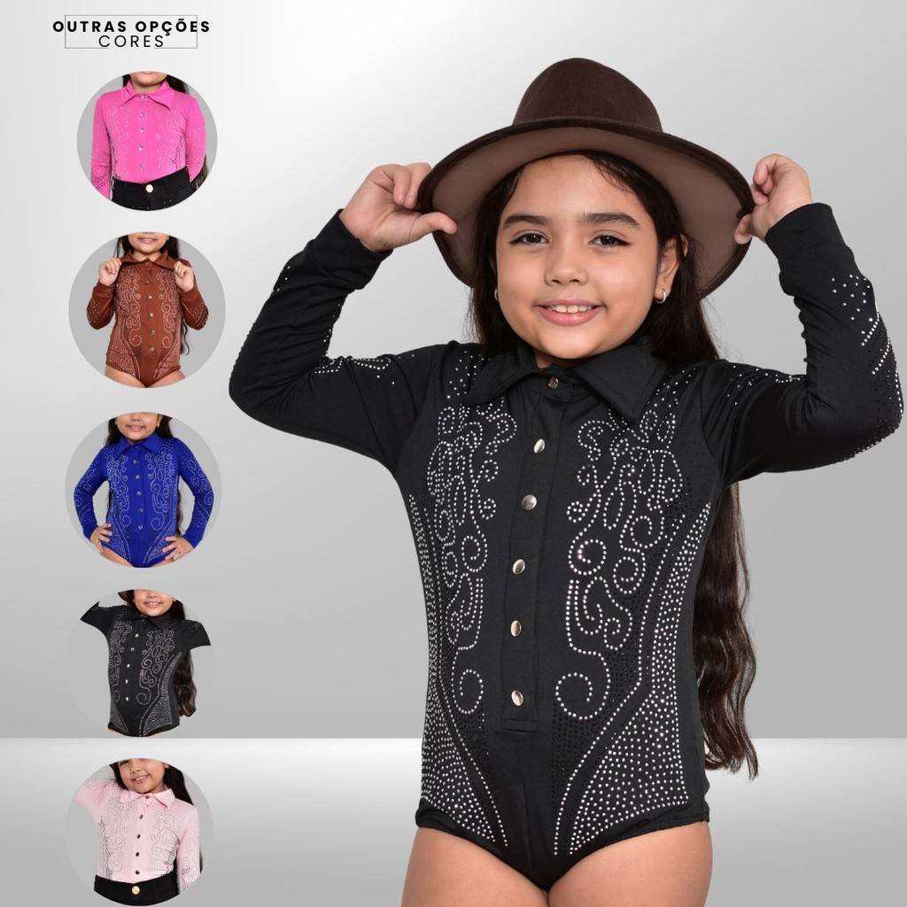 Body Country Infantil Pedraria Strass Boiadeira Manga Longa 02 ao 14 em Oferta na Shopee
