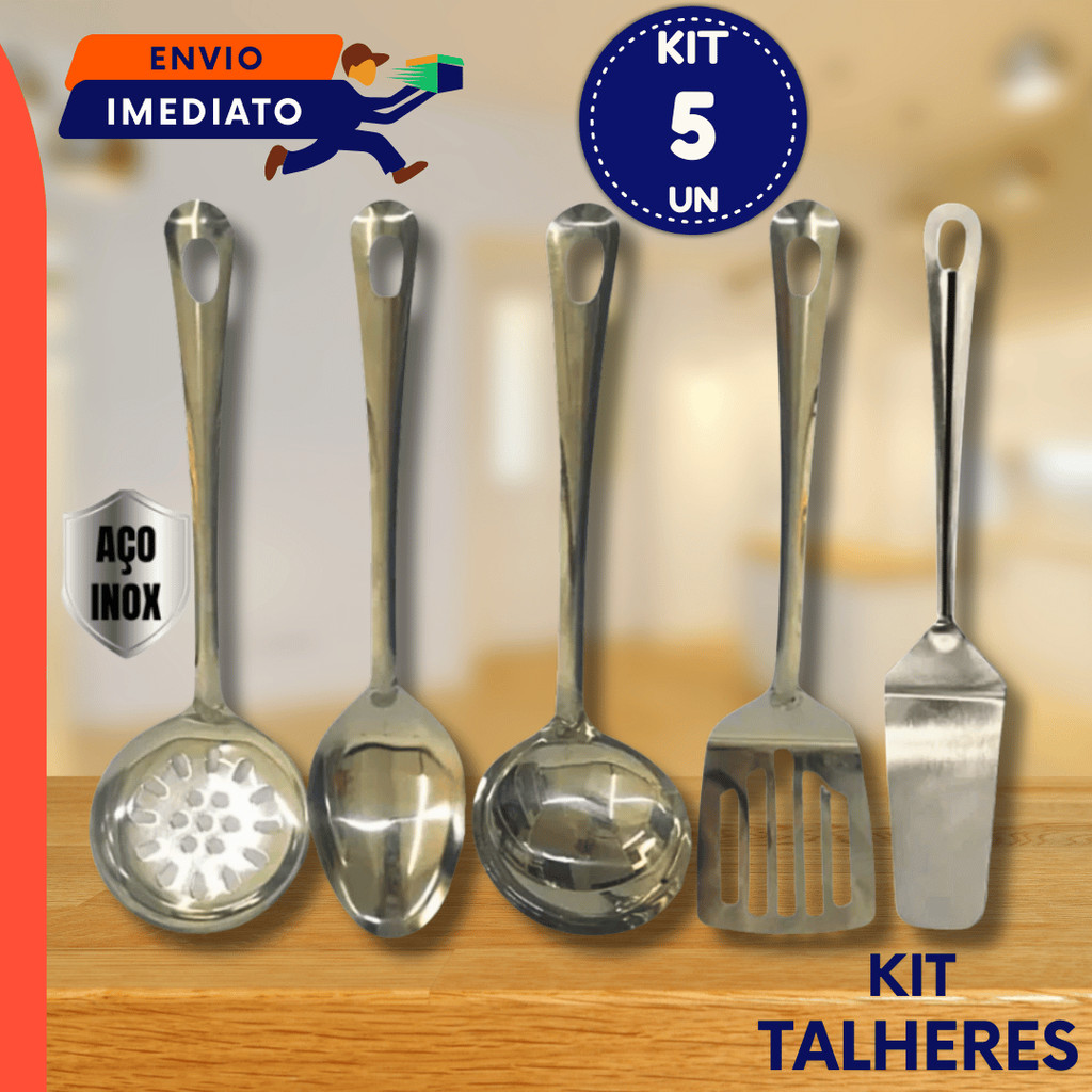 Jogo 3 4 ou 5 Utensílios em Aço Inox Para Servir Colher Arroz Concha Escumadeira Espátula Bolo e Espátula Vazada Massa