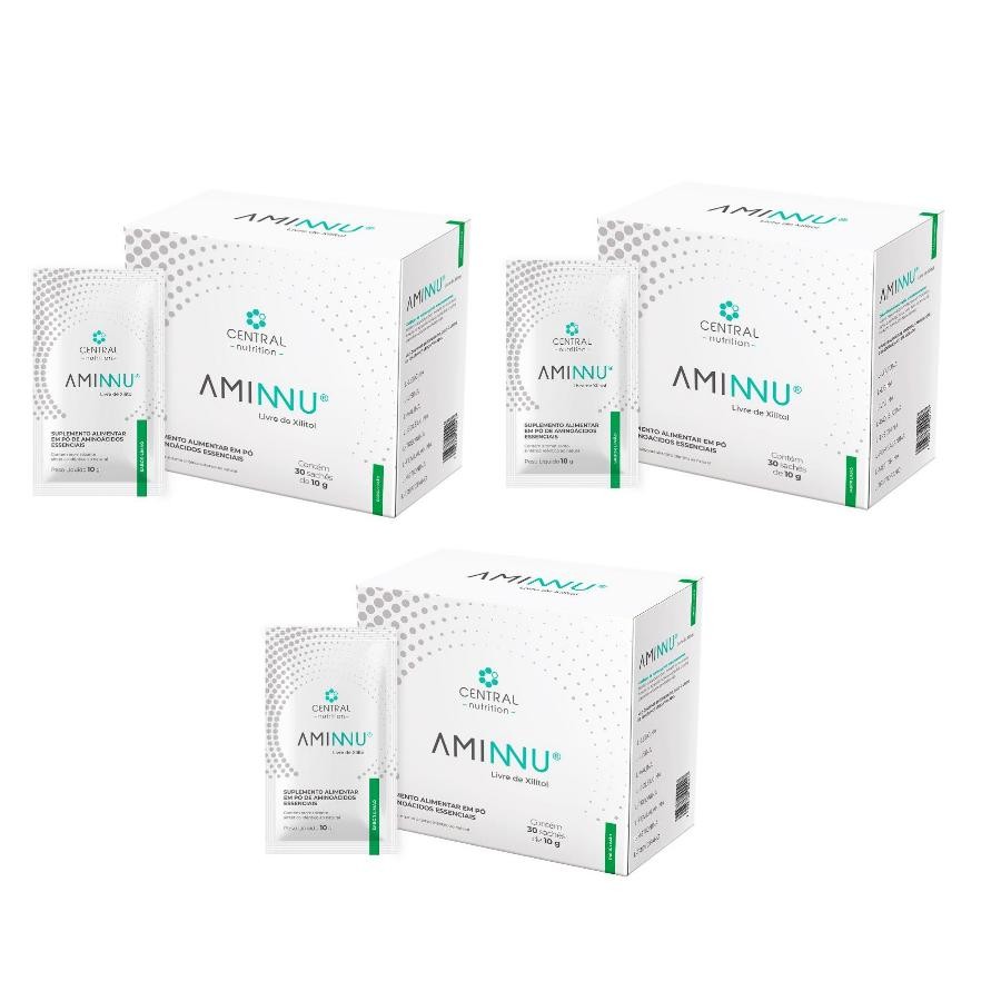 Kit Com 3 unidades Aminnu 10g 30 Sachês Sem Xilitol - Central Nutrition Sabor:Limão
