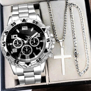 Kit Relógio Masculino Aço Inox Resistente a Água Com Corrente Cruz e Pulseira em Oferta na Shopee