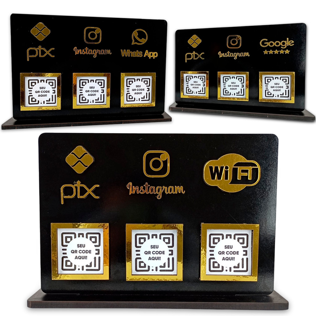 Placa Display de Balcão Preto com 3 QR Codes Pix, Instagram, WhatsApp e Wi-Fi