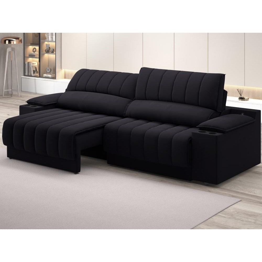 Sofá com Porta Copos Carregador USB Ret Rec Murano 2,50m Velosuede - NETSOFAS