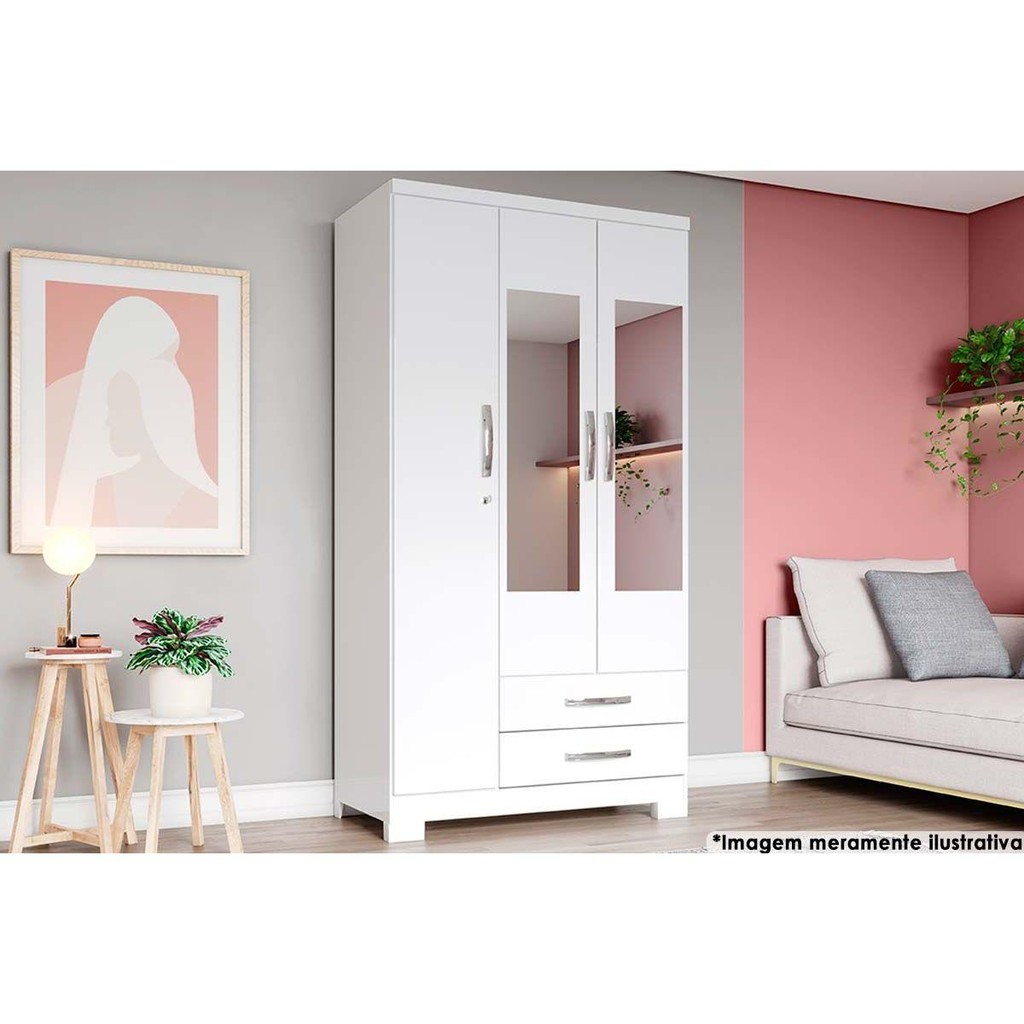 Guarda Roupa Solteiro 3 Portas (2 c/ Espelho) e 2 Gavetas c/ Pés Açaí DA133 Branco - Henn - Home & Living
