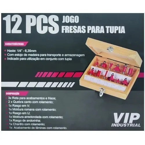 Jogo de Fresas para Tupia 1/4" 12 Peças VIP Industrial – Kit Completo Marcenaria Ferramenta Top