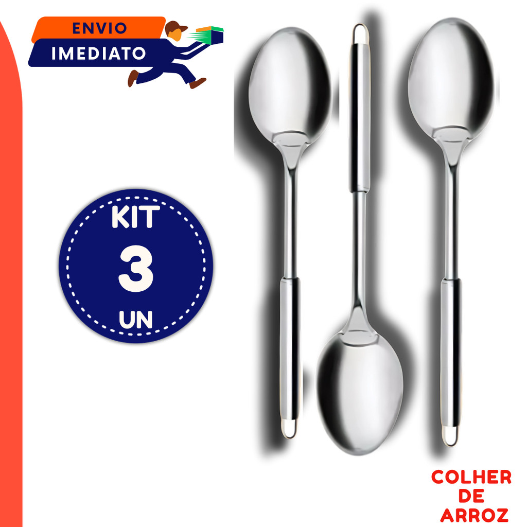 Kit 3 Utensílios Talheres Inox Para Cozinha Colher de Arroz Fritura Buffet Cozinha