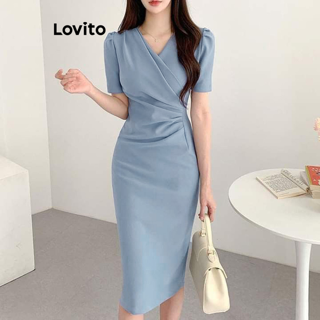 (Trendy) Lovito Vestido Elegante Vestido Plissado Liso Para Mulheres L87ED086 (Multicolorido)