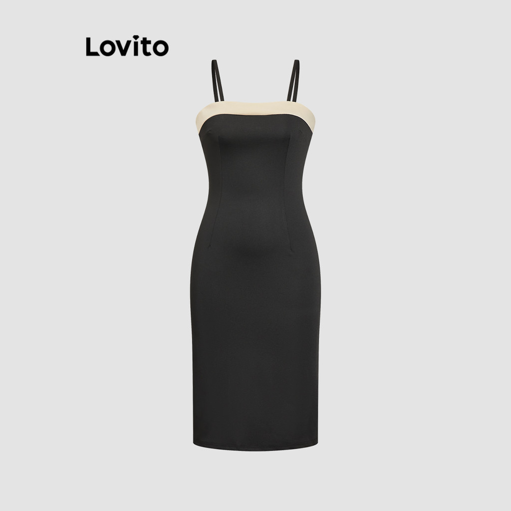 (Trendy) Lovito Vestido Midi Bodycon com Blocos de Cor e Sem Mangas para Mulheres LNE09217 (Preto) - Women Clothes