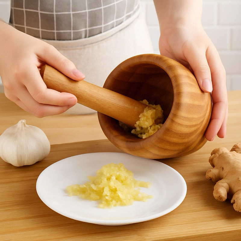 Pilão de Bambu Socador Para Tempero Alho Ervas Finas Multiuso