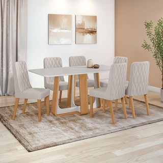 Conjunto Sala de Jantar Mesa Easy Pop 170x90cm Tampo Vidro/MDF com 6 Cadeiras Seat Linho Cinza Amendoa/Off