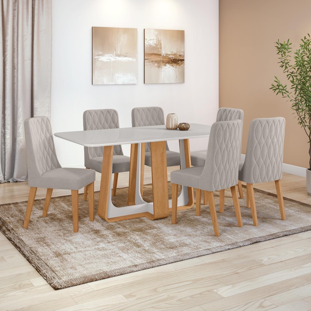 Conjunto Sala de Jantar Mesa Easy Pop 170x90cm Tampo Vidro/MDF com 6 Cadeiras Seat Veludo Liso Capuccino Amendoa/Off em Oferta na Shopee