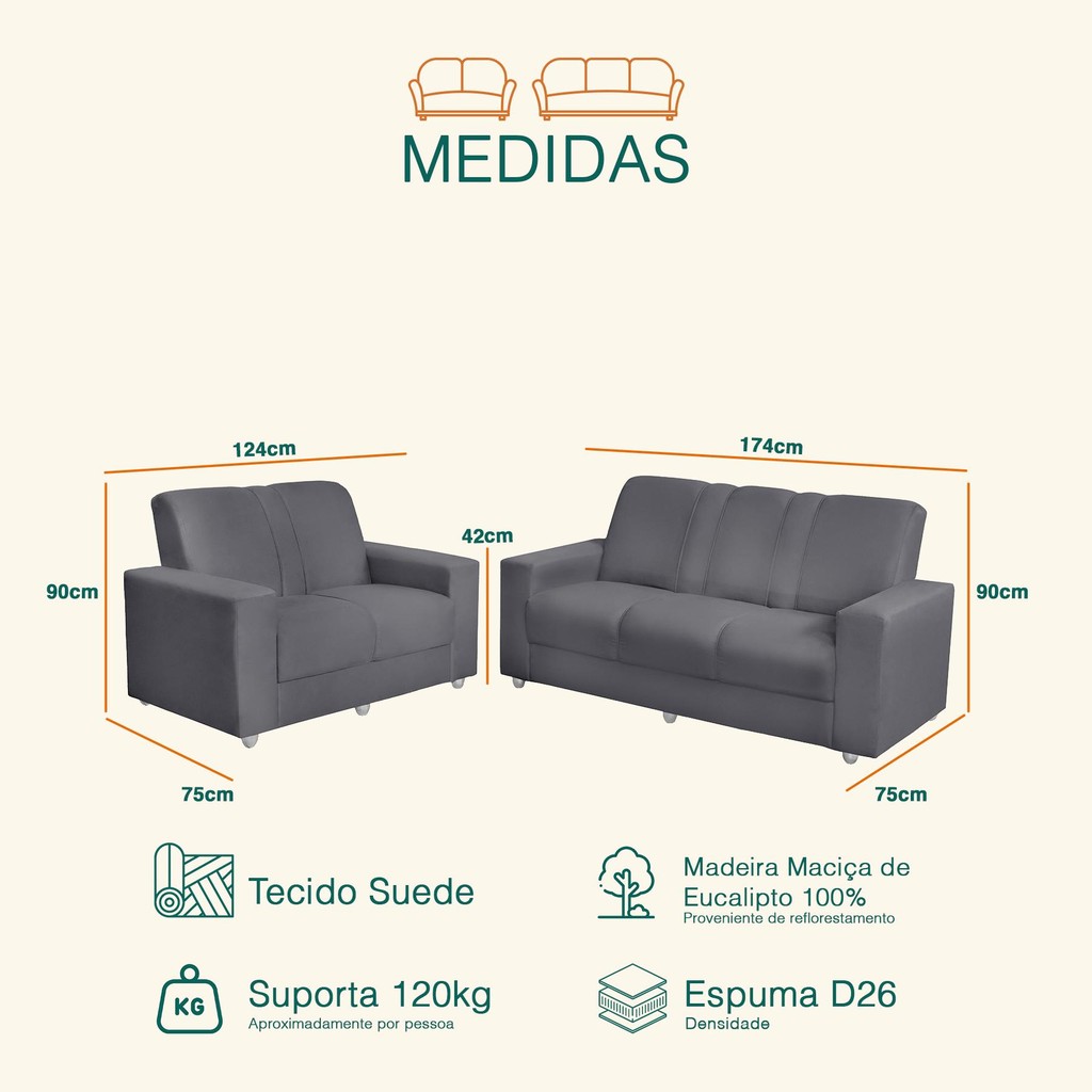 Conjunto Sofá 1,74 x 1,24m 3 e 2 Lugares Suede Roma Cinza · foto 2