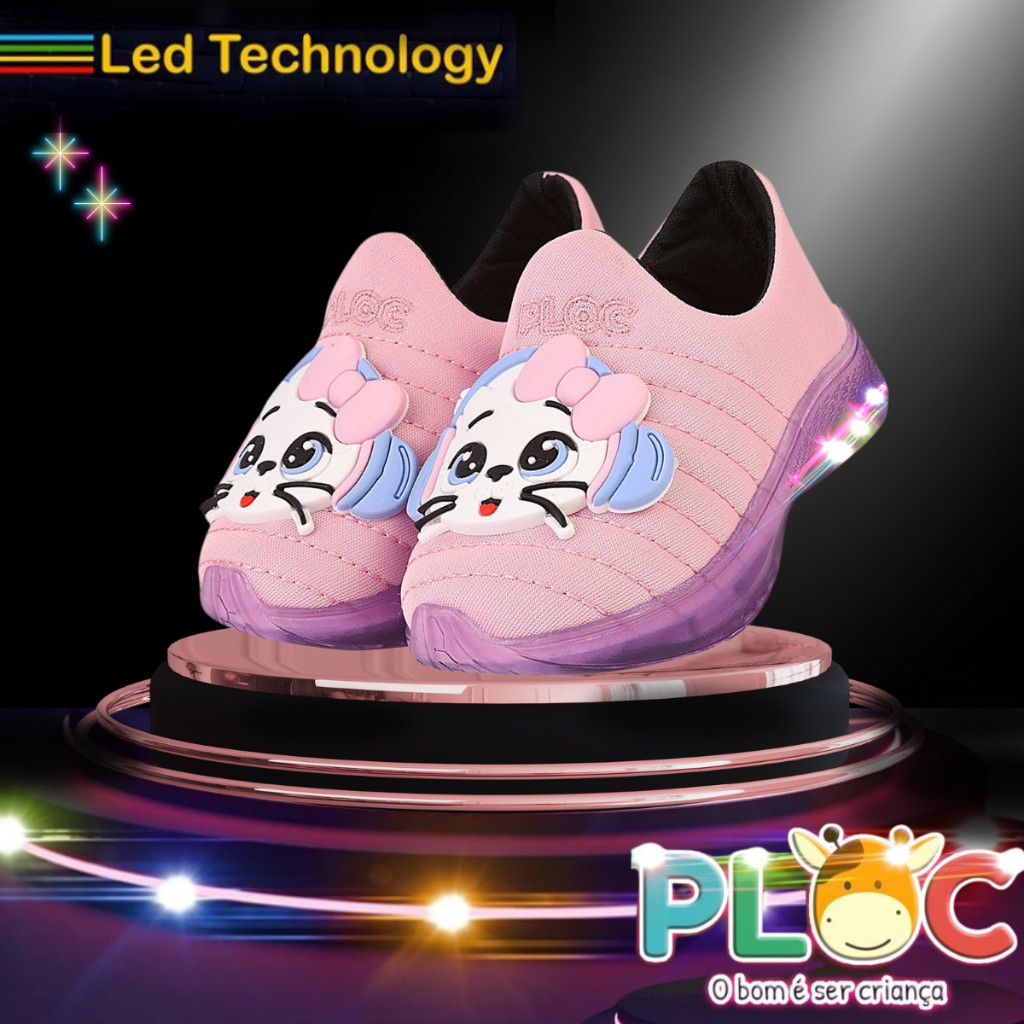 Tênis Led Infantil Luzinha Menina Calce Fácil Anatômico PLOC LED37 - ROSA GATINHA COM FONE