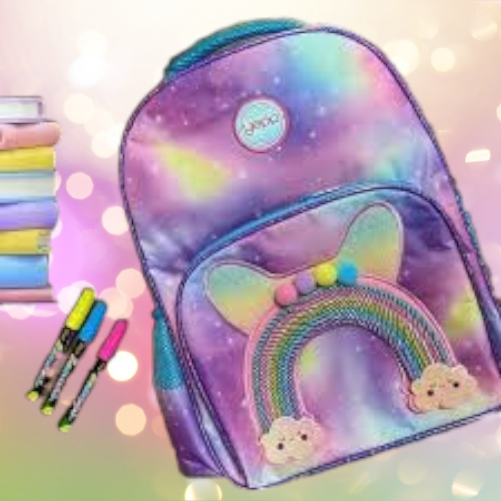 Mochila Infantil Escolar Arco-íris Menina de Costas Rosa ou Roxo, volta aulas Evite excesso de peso