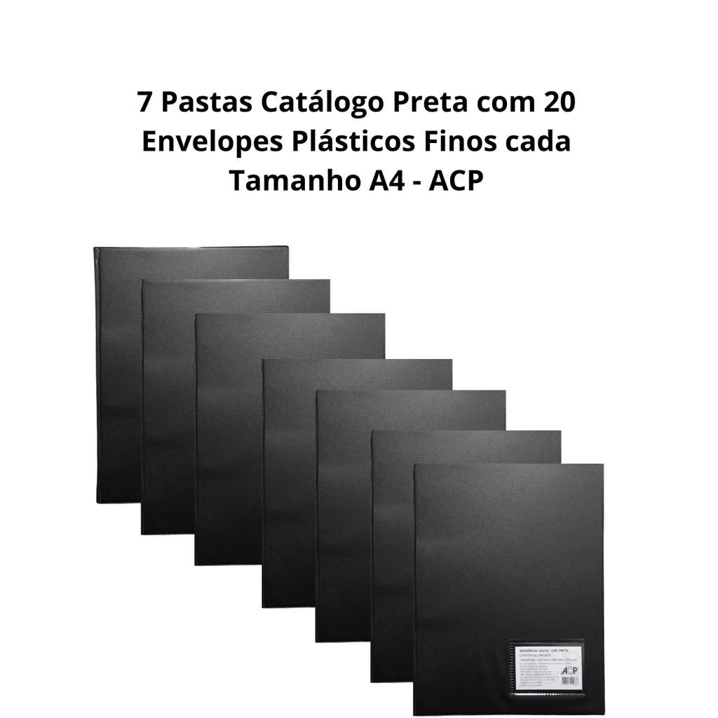 7 Pastas Catálogo Preta com 20 Envelopes Plásticos Finos cada /Tamanho A4 / ACP