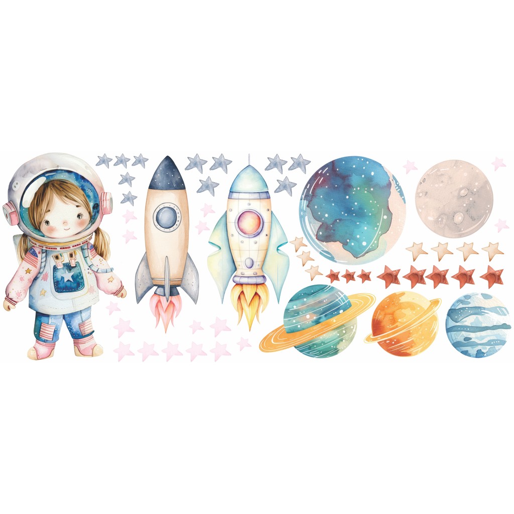 Adesivo Parede Menina Astronauta Aquarela Boho Papel de Parede Auto Colante Decalque