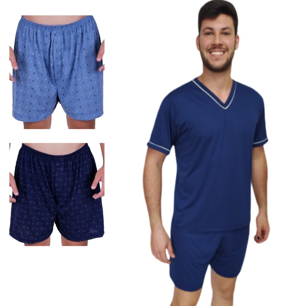 Kit 1 Pijama Masculino Adulto E 2 Cuecas Short Samba Canção Conjunto em malha Premium Confotável