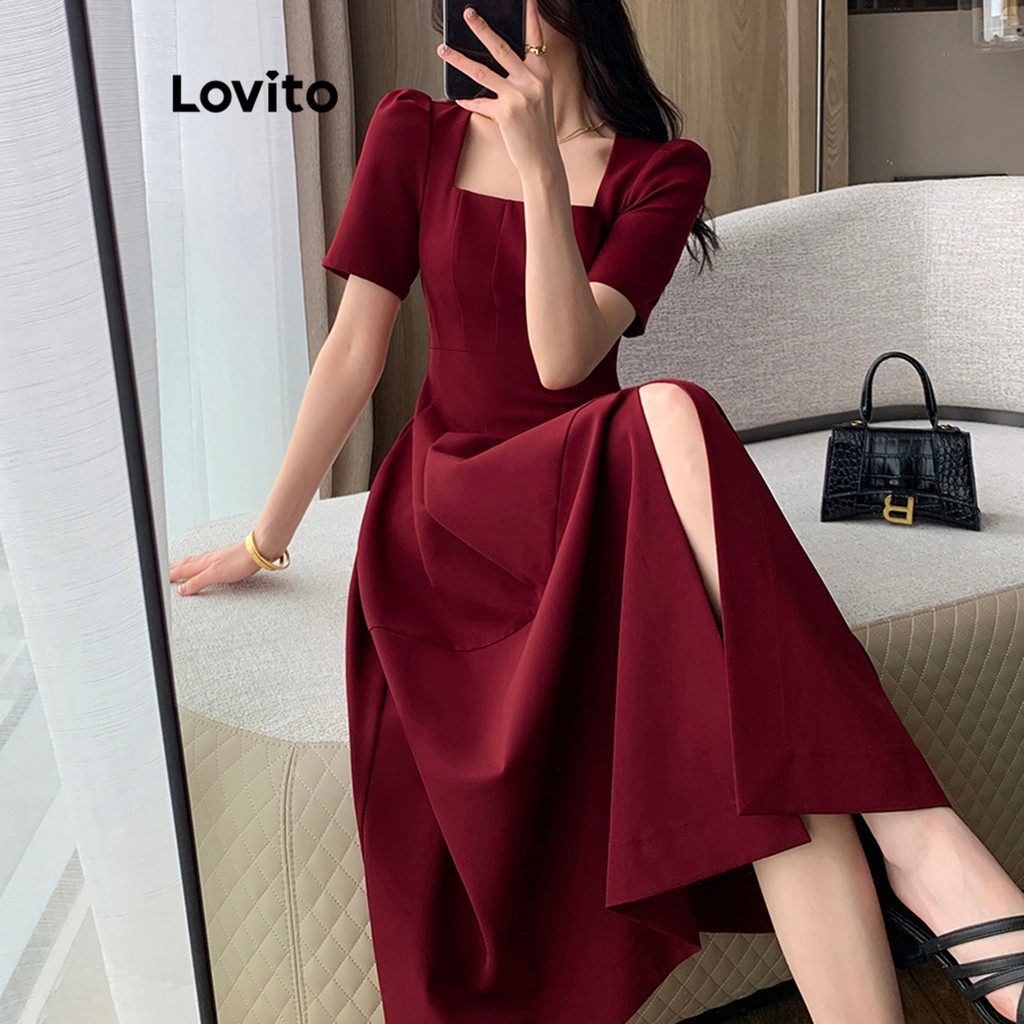 Lovito Vestido Elegante Vestido De Baile Com Divisão Lisa Para Mulheres LNE27028 (Multicolorido) - Women Clothes