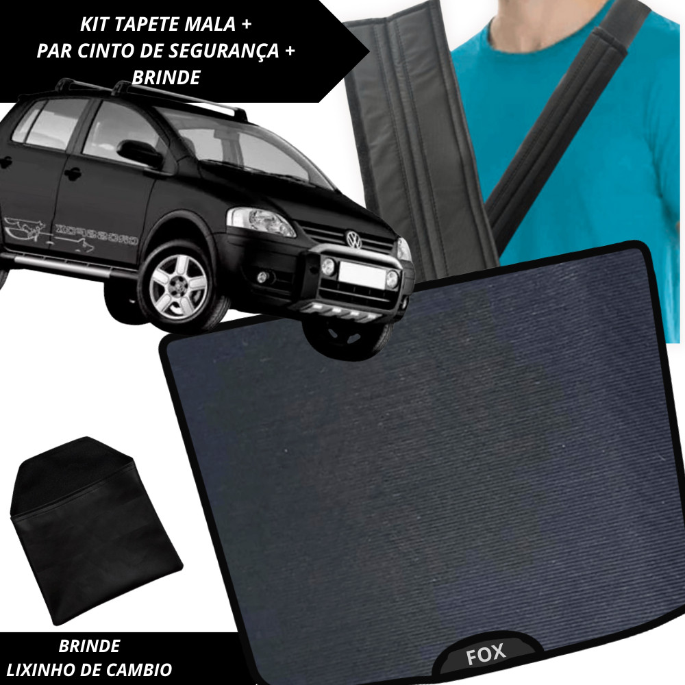 Tapete Emborrachado Porta Malas Fox 2003 a 2014 + 2 Capas Cinto Segurança Acessório Automotivo Carro
