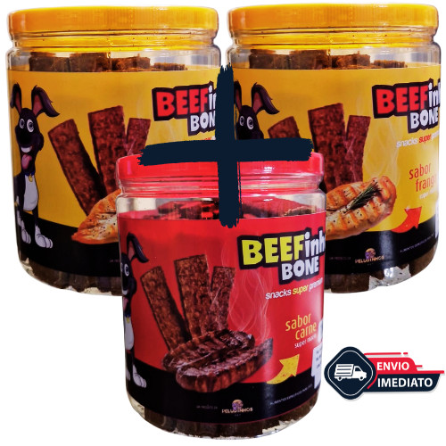 Kit 3 Bifinho BEEFinho Bone 1 KG Petiscos Cães Cachorro Pet Premium - 1 CARNE + 2 FRANGO