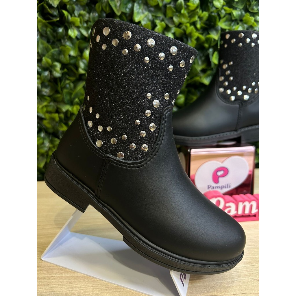 Bota Infantil Feminina Pampili Safira Glitter e Tachas Preta Original - Mv279.110