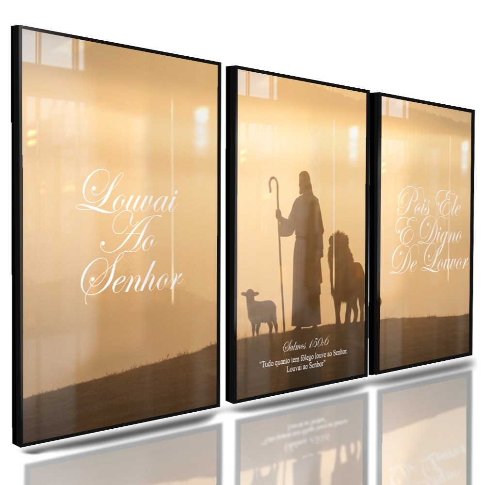 Quadros Decorativos 3 Peças Jesus o Bom Pastor Salmos 150.6 Louvai Ao Senhor Casa Sala Quarto Decoração Hall