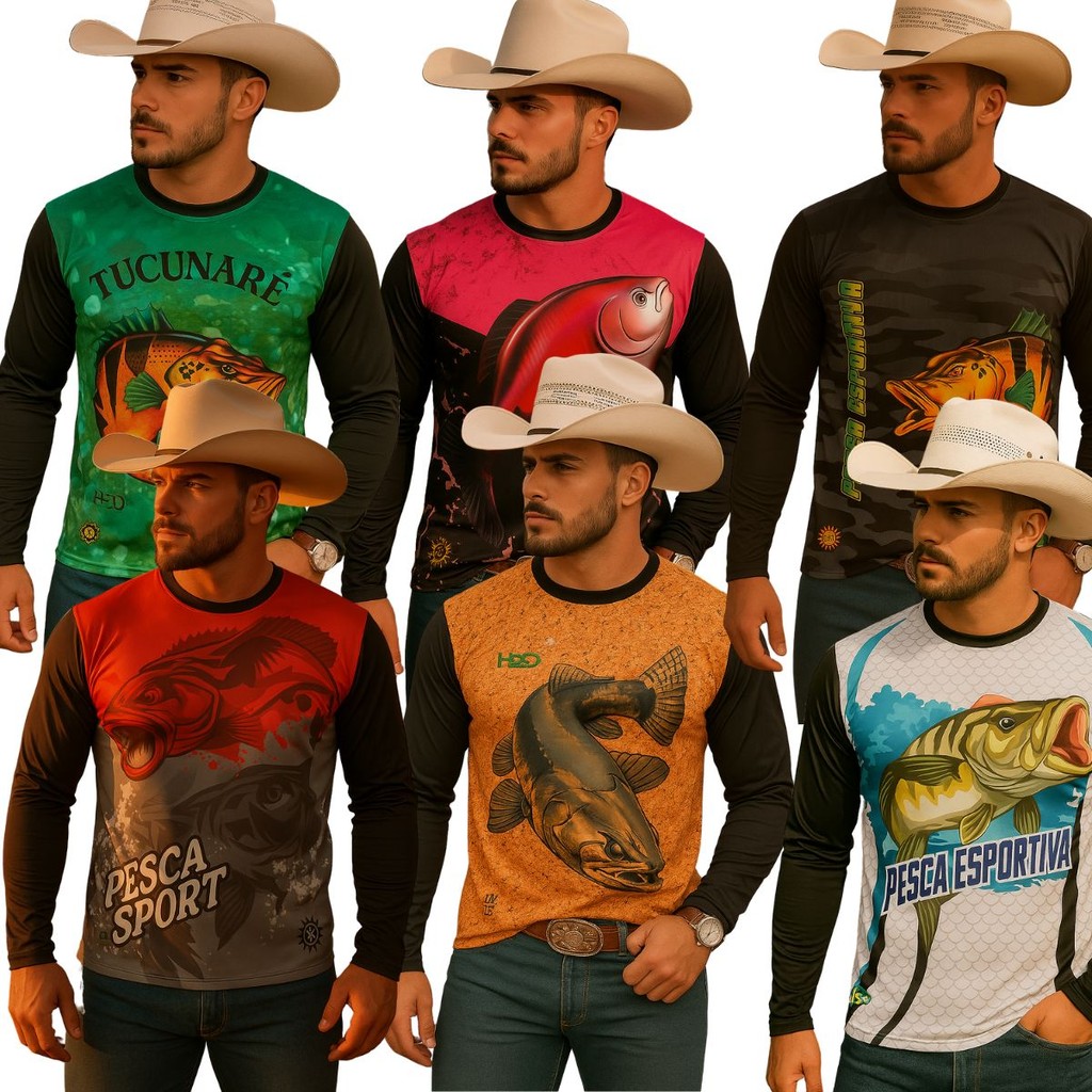 Camiseta UV Masculina Feminina Tucunaré Peixe Pescaria Manga Longa Proteção Solar Pesca Esportiva