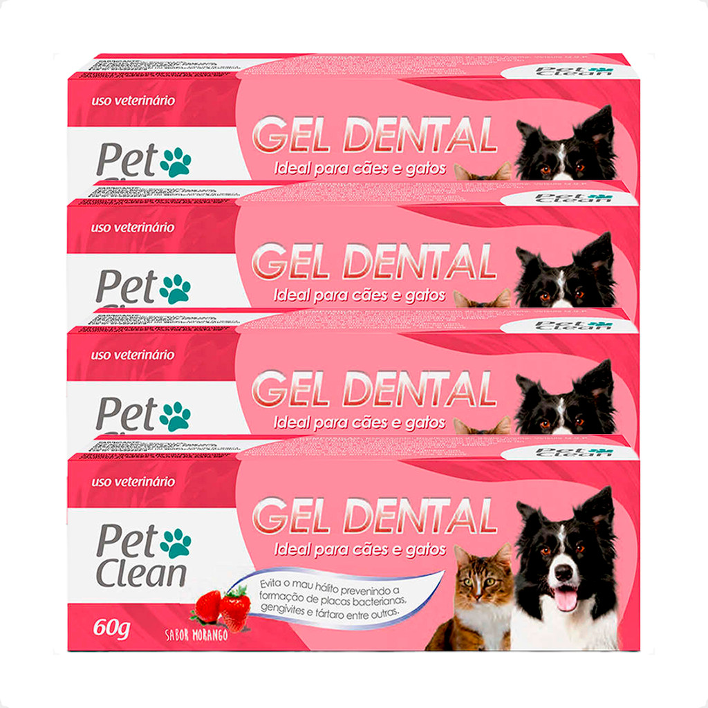 Kit 4 Gel Dental Sabor Morango Cães e Gatos Pet Clean 90g - Pets