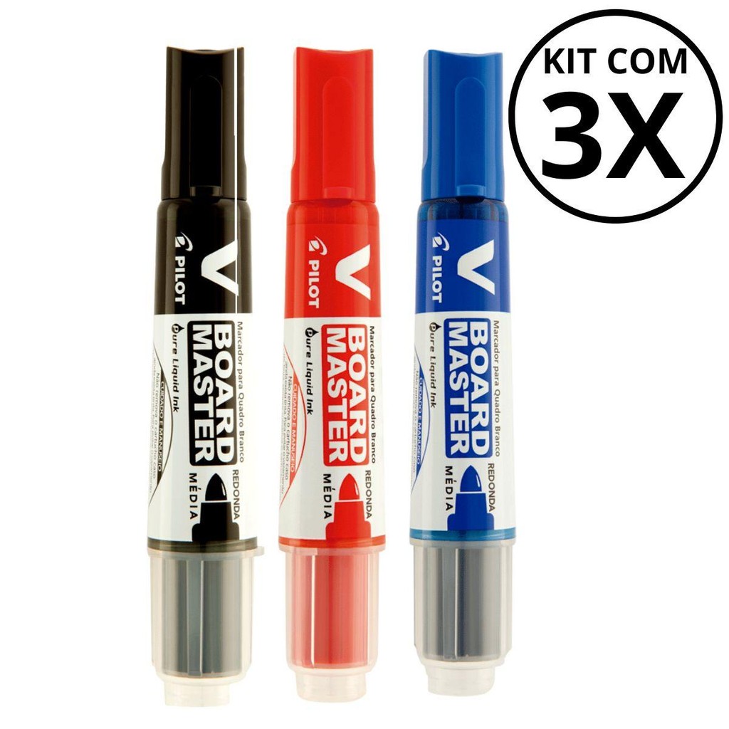 Kit com 3 Marcadores Para Quadro Branco - PILOT/ PILOTO KITS:AZUL+PRETO+VERMELHO em Oferta na Shopee