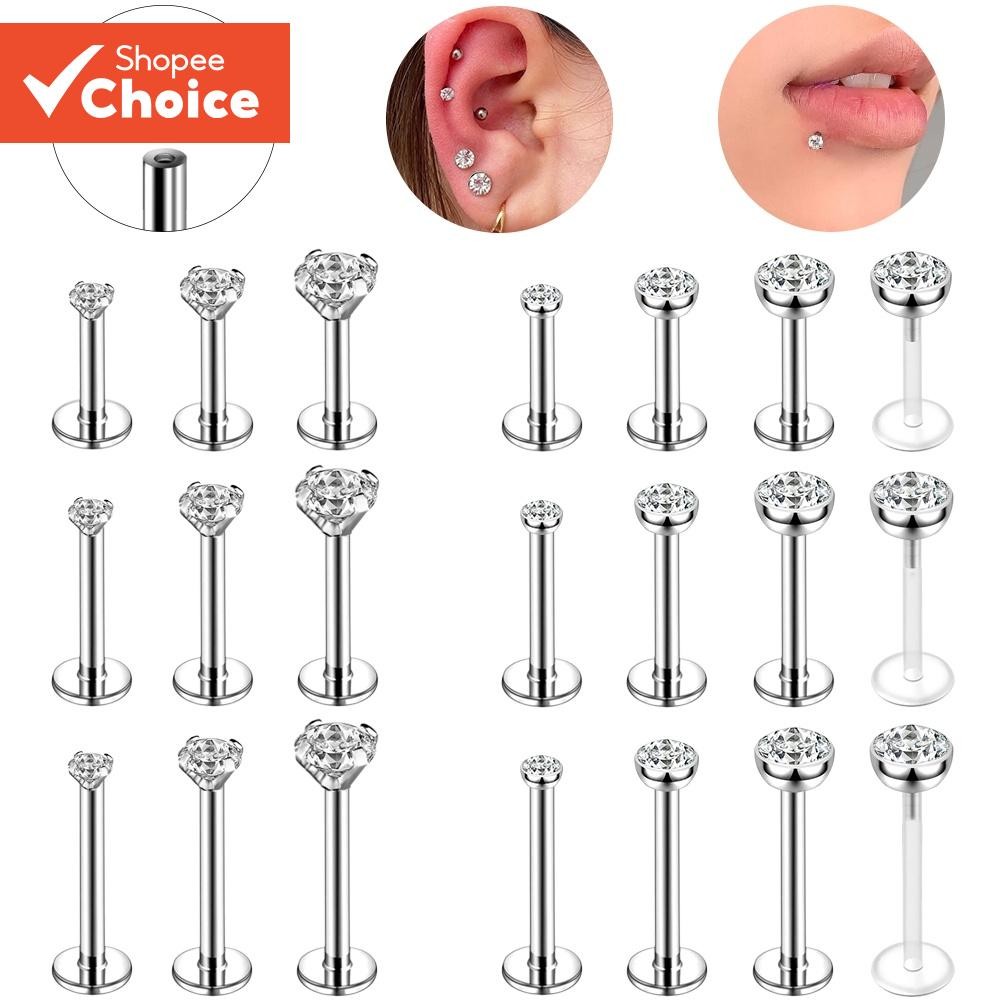 Piercing Labial De Aço Inoxidável Único , De Cristal Brilhante Com Zircônia Redonda Para Cartilagem