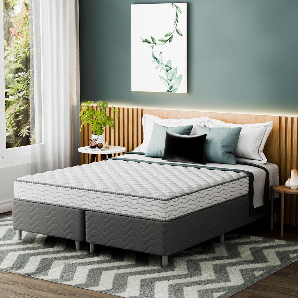 Cama Box com Colchão Queen Howie Espuma D28 (17x158x198) Branco e Cinza em Oferta na Shopee