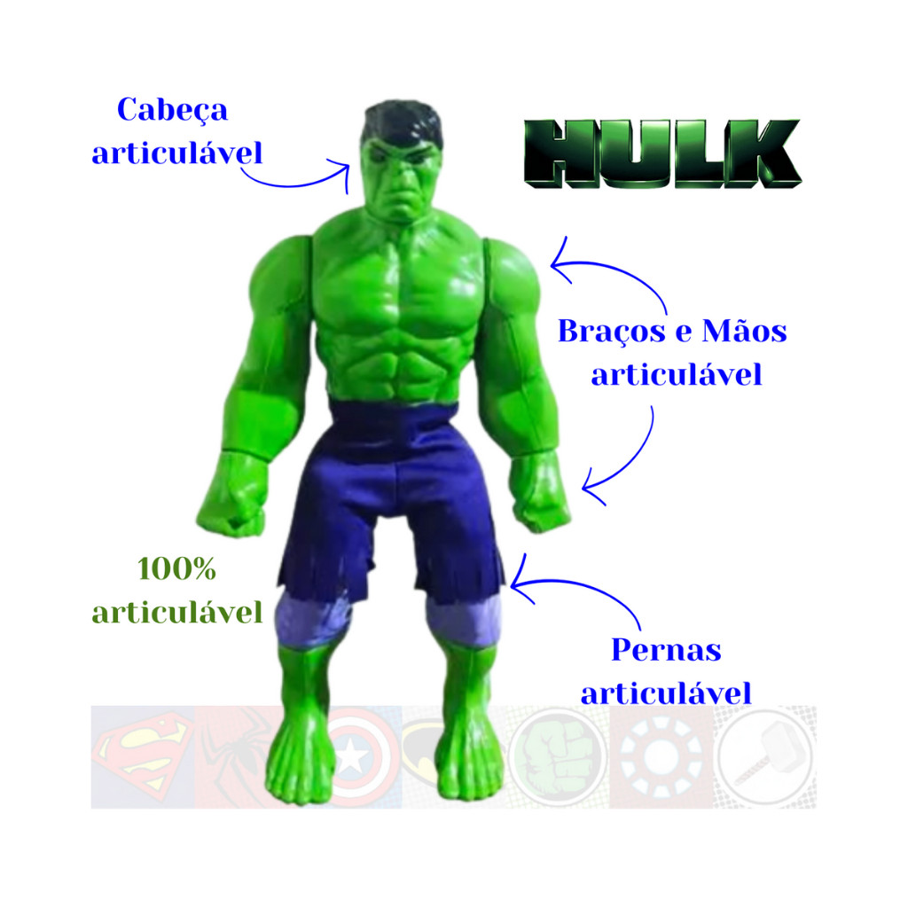 Boneco Hulk Grande 30 cm Brinquedo 100% Articulado/Personagem Heróis /Figuras de Ação/ Hulk Vingadores/Menino/Infantil